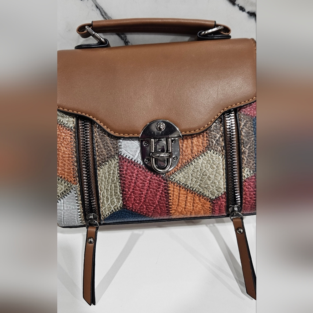 Colorblock Patchwork Geometric Leather Women Retr… - image 8